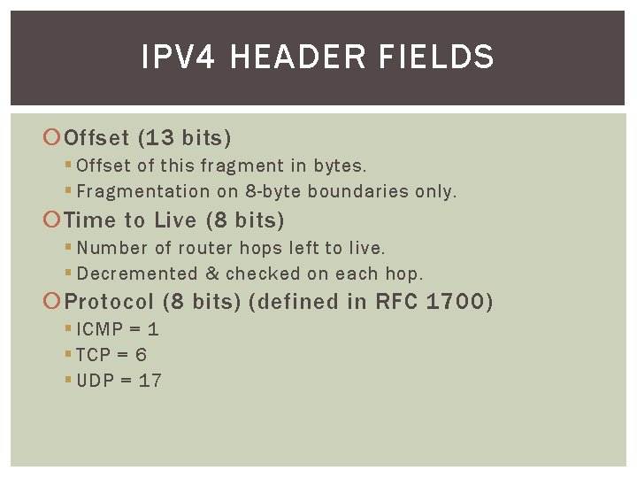 IPV 4 HEADER FIELDS Offset (13 bits) § Offset of this fragment in bytes.