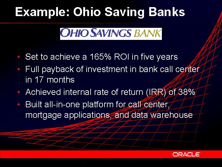 Example: Ohio Saving Banks • Set to achieve a 165% ROI in five years