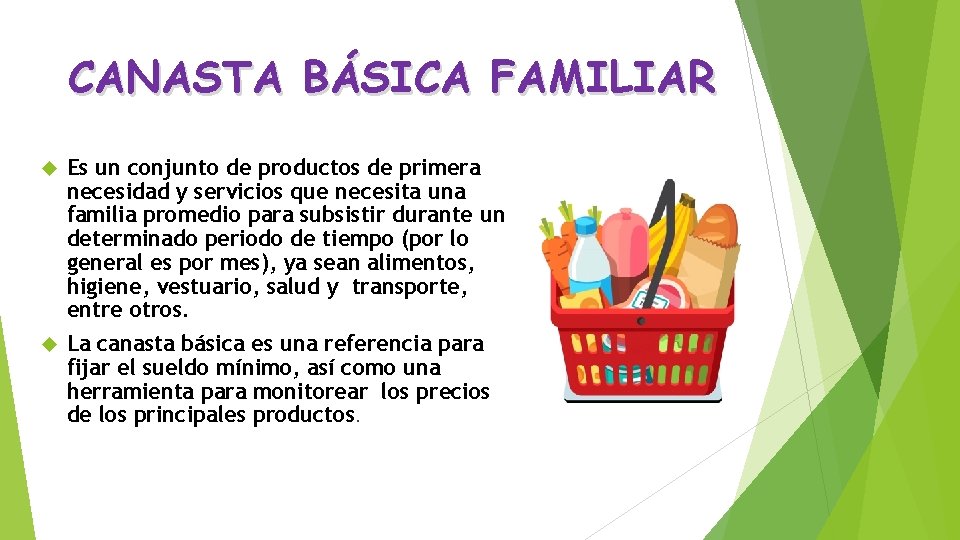 CANASTA BÁSICA FAMILIAR Es un conjunto de productos de primera necesidad y servicios que