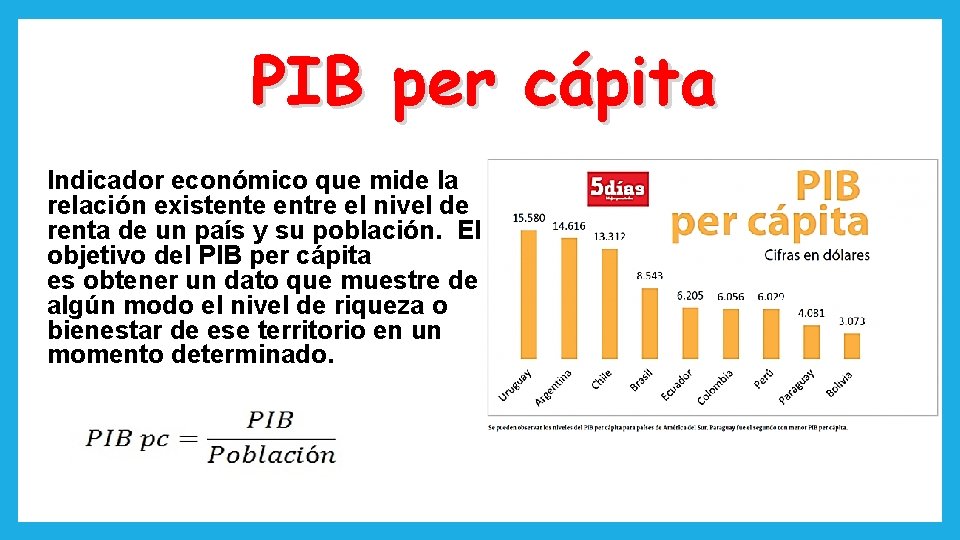 PIB per cápita Indicador económico que mide la relación existente entre el nivel de