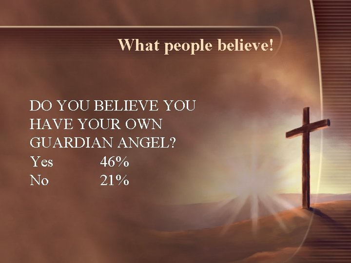 What people believe! DO YOU BELIEVE YOU HAVE YOUR OWN GUARDIAN ANGEL? Yes 46%