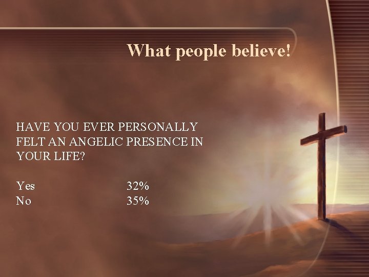 What people believe! HAVE YOU EVER PERSONALLY FELT AN ANGELIC PRESENCE IN YOUR LIFE?