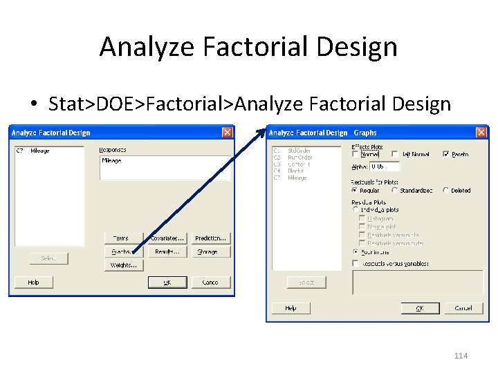 Analyze Factorial Design • Stat>DOE>Factorial>Analyze Factorial Design 114 
