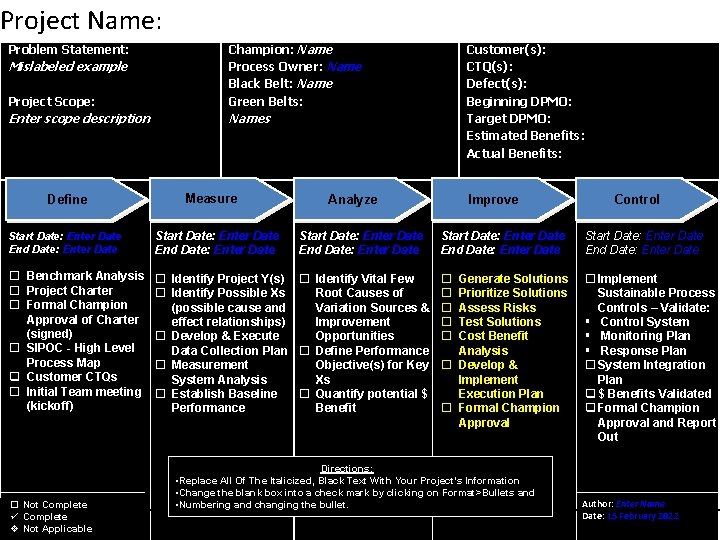 Project Name: Project Scope: Champion: Name Process Owner: Name Black Belt: Name Green Belts: