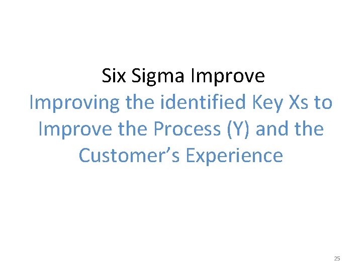 Six Sigma Improve Improving the identified Key Xs to Improve the Process (Y) and