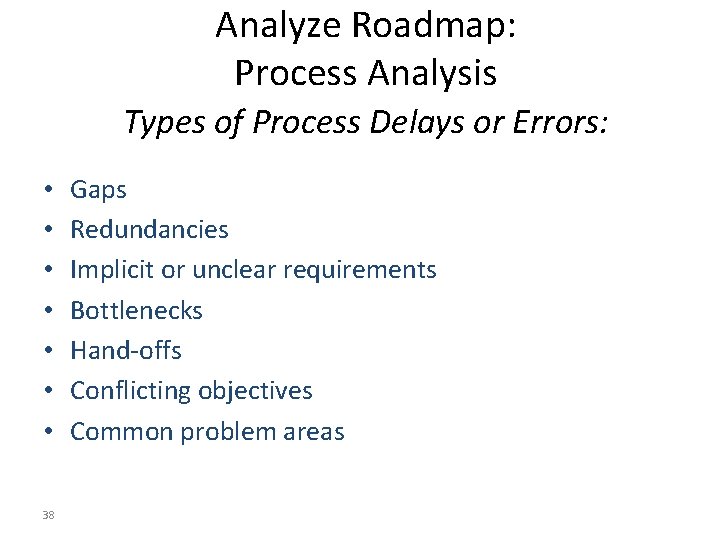 Analyze Roadmap: Process Analysis Types of Process Delays or Errors: • • 38 Gaps