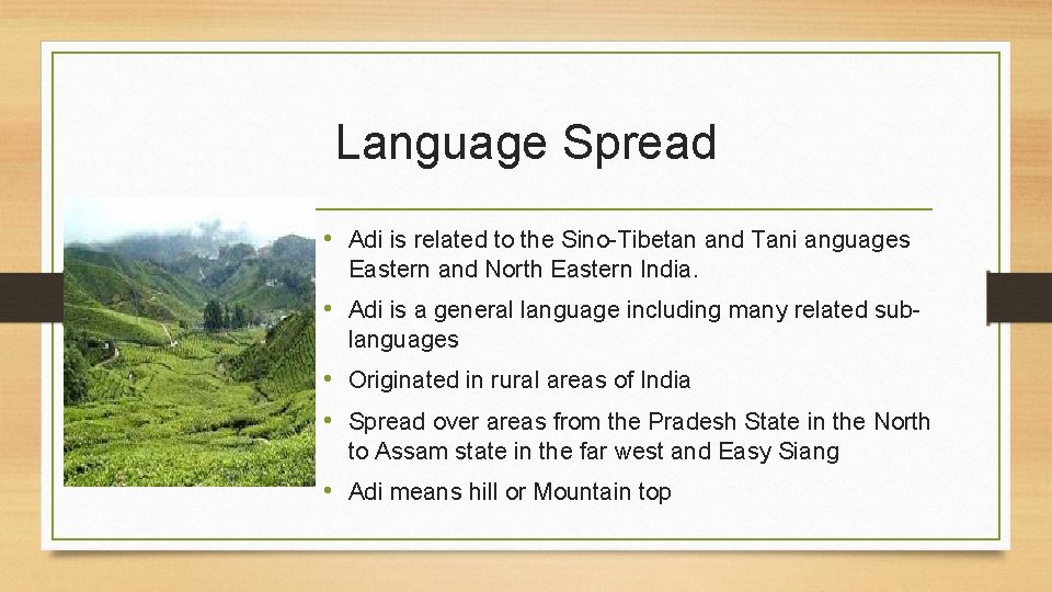 Language Spread • Adi is related to the Sino-Tibetan and Tani anguages Eastern and