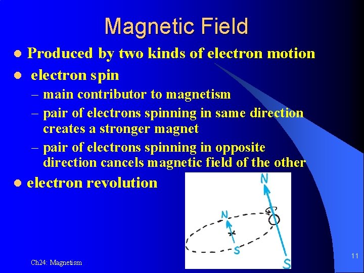 Magnetic Field Produced by two kinds of electron motion l electron spin l –