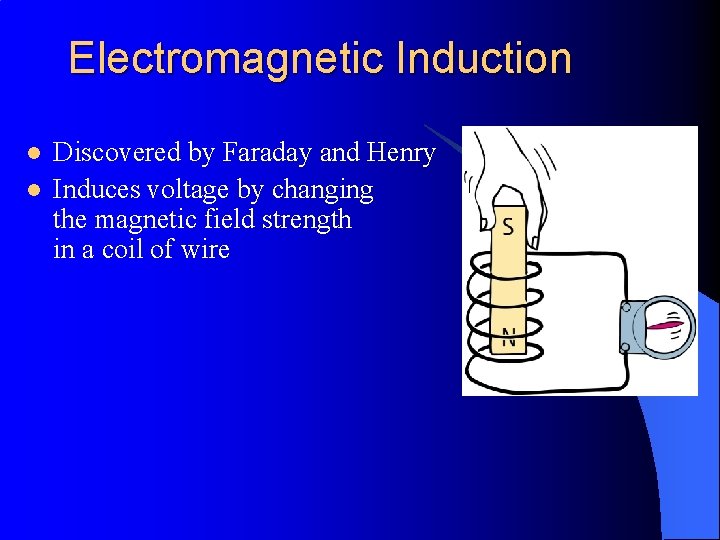 Electromagnetic Induction l l Discovered by Faraday and Henry Induces voltage by changing the
