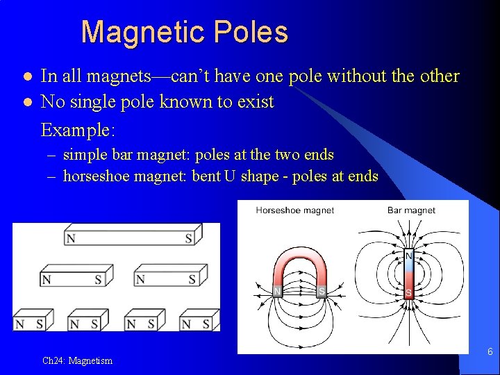 Magnetic Poles l l In all magnets—can’t have one pole without the other No