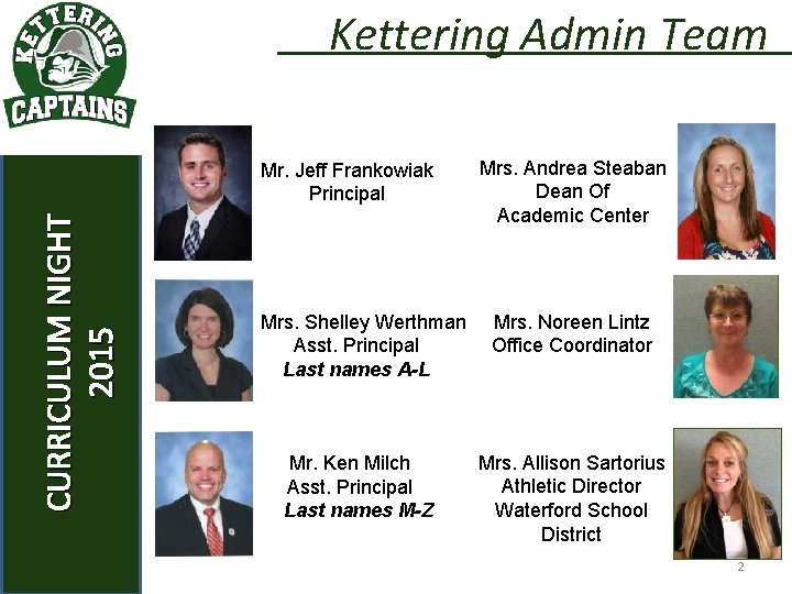 Kettering Admin Team CURRICULUM NIGHT 2015 Mr. Jeff Frankowiak Principal Mrs. Andrea Steaban Dean
