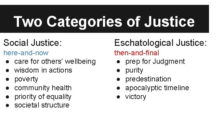 Two Categories of Justice Social Justice: Eschatological Justice: here-and-now ● care for others’ wellbeing