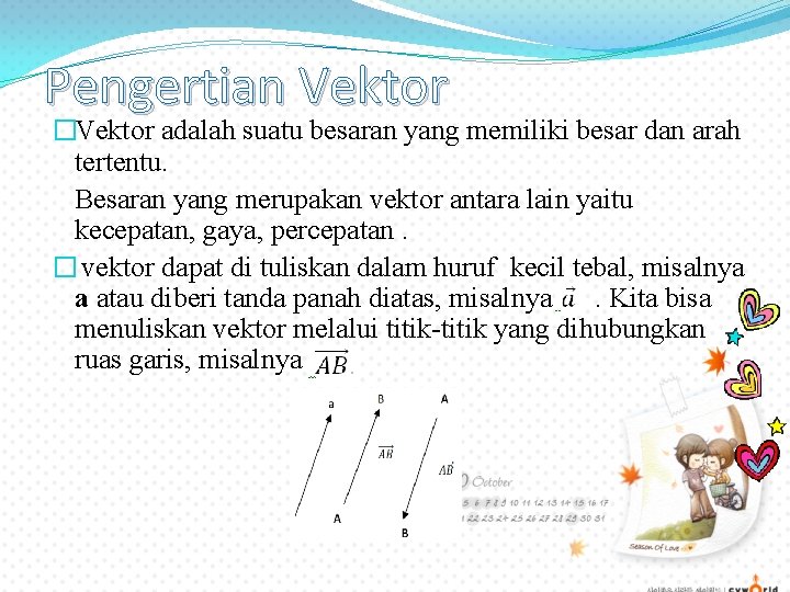 Pengertian Vektor �Vektor adalah suatu besaran yang memiliki besar dan arah tertentu. Besaran yang