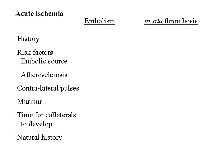 Acute ischemia History Risk factors Embolic source Atherosclerosis Contra-lateral pulses Murmur Time for collaterals
