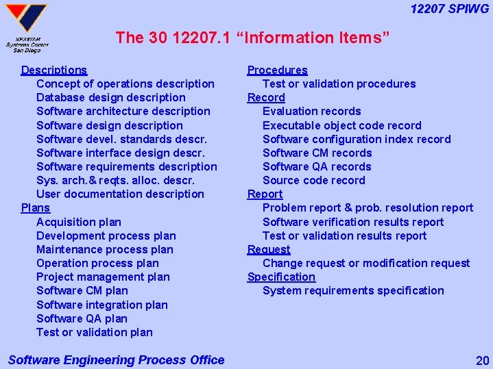 12207 SPIWG The 30 12207. 1 “Information Items” Descriptions Concept of operations description Database