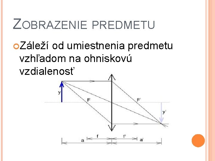 ZOBRAZENIE PREDMETU Záleží od umiestnenia predmetu vzhľadom na ohniskovú vzdialenosť 