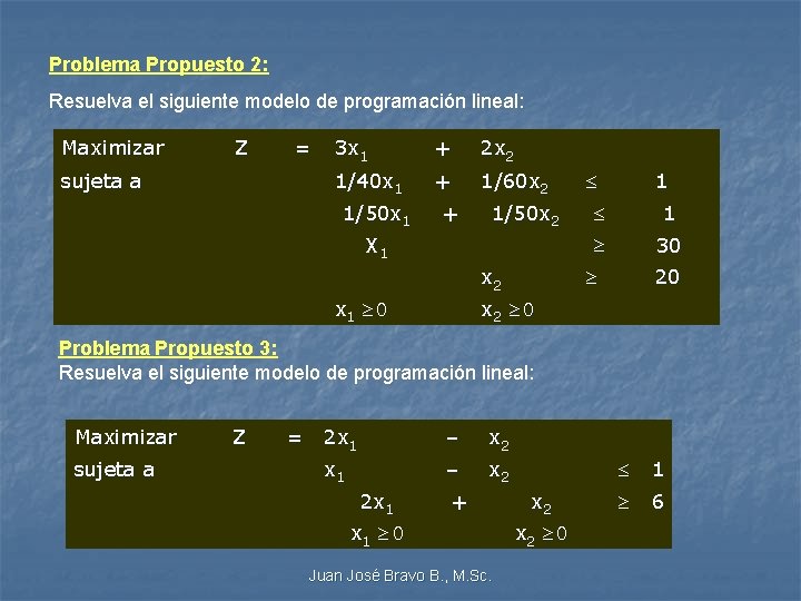 Problema Propuesto 2: Resuelva el siguiente modelo de programación lineal: Maximizar Z sujeta a