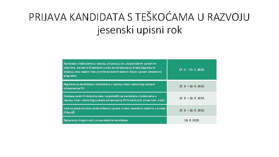 PRIJAVA KANDIDATA S TEŠKOĆAMA U RAZVOJU jesenski upisni rok Kandidati s teškoćama u razvoju