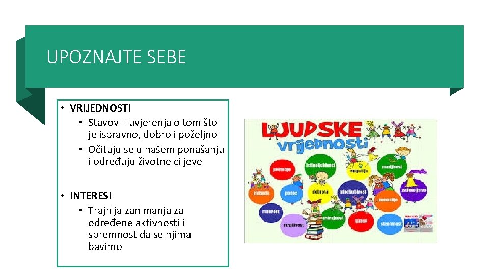 UPOZNAJTE SEBE • VRIJEDNOSTI • Stavovi i uvjerenja o tom što je ispravno, dobro