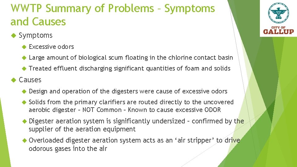 WWTP Summary of Problems – Symptoms and Causes Symptoms Excessive odors Large amount of