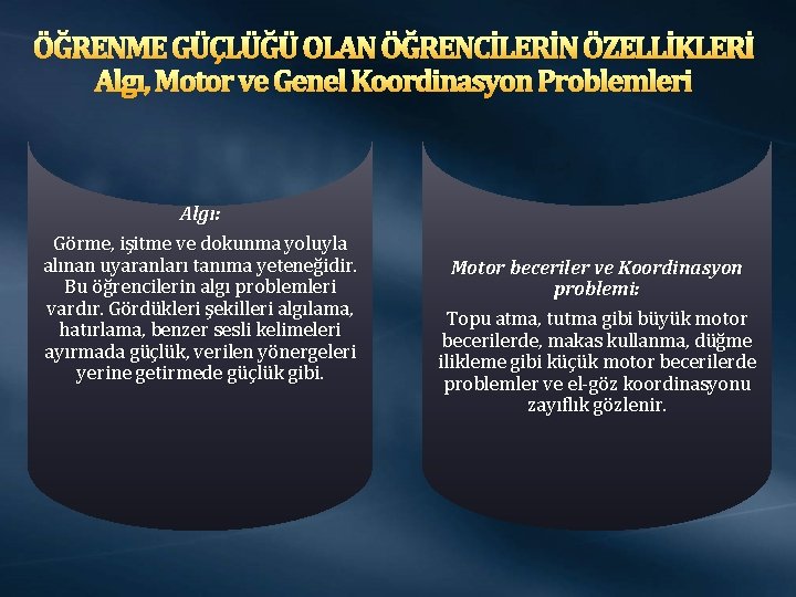 ÖĞRENME GÜÇLÜĞÜ OLAN ÖĞRENCİLERİN ÖZELLİKLERİ Algı, Motor ve Genel Koordinasyon Problemleri Algı: Görme, işitme