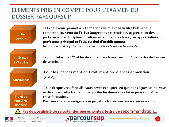 ELEMENTS PRIS EN COMPTE POUR L’EXAMEN DU DOSSIER PARCOURSUP Fiche Avenir La fiche Avenir