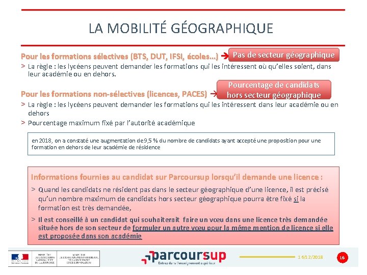LA MOBILITÉ GÉOGRAPHIQUE Pour les formations sélectives (BTS, DUT, IFSI, écoles…) Pas de secteur