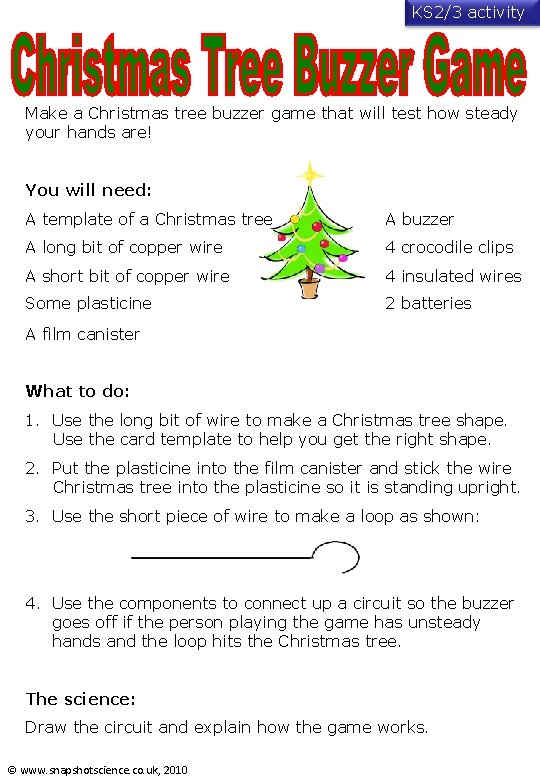 KS 2/3 activity Make a Christmas tree buzzer game that will test how steady