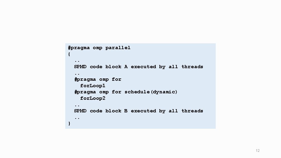 #pragma omp parallel {. . SPMD code block A executed by all threads. .
