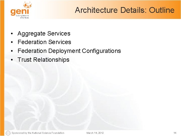 Architecture Details: Outline • • Aggregate Services Federation Deployment Configurations Trust Relationships Sponsored by