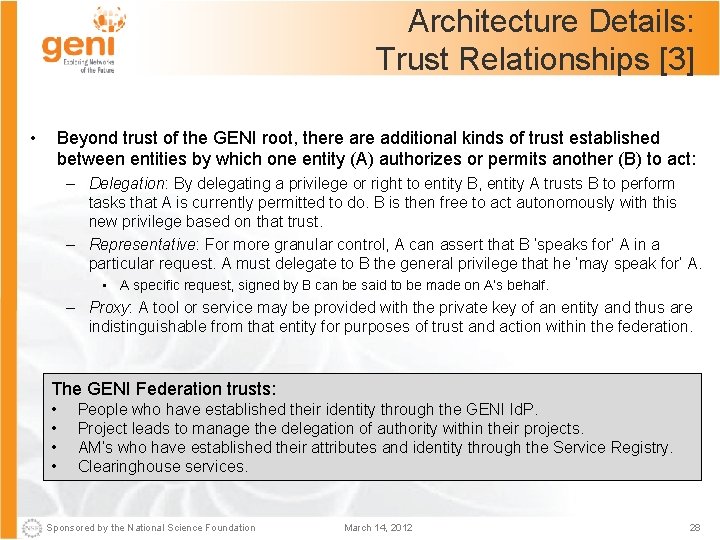Architecture Details: Trust Relationships [3] • Beyond trust of the GENI root, there additional