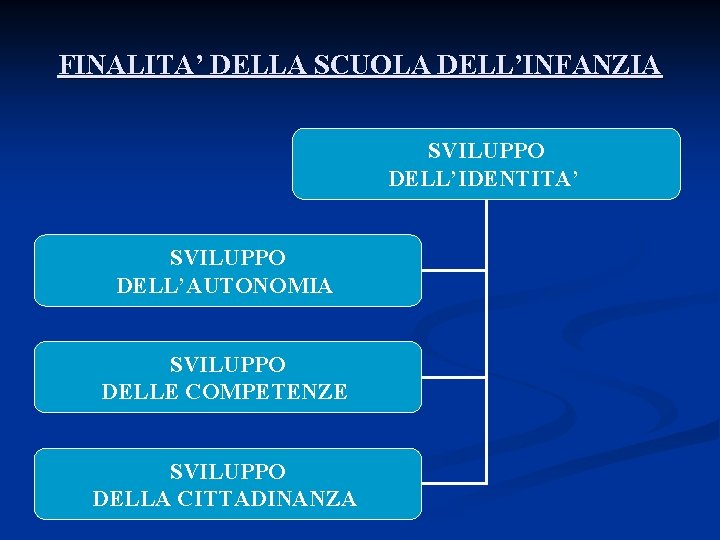 FINALITA’ DELLA SCUOLA DELL’INFANZIA SVILUPPO DELL’IDENTITA’ SVILUPPO DELL’AUTONOMIA SVILUPPO DELLE COMPETENZE SVILUPPO DELLA CITTADINANZA