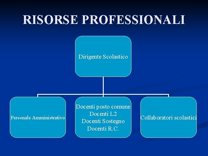 RISORSE PROFESSIONALI Dirigente Scolastico Personale Amministrativo Docenti posto comune Docenti L 2 Docenti Sostegno