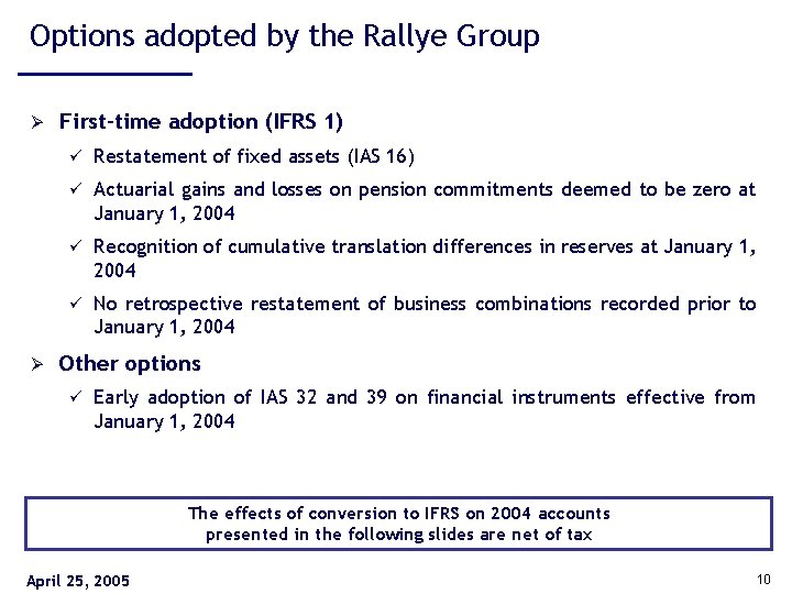 Options adopted by the Rallye Group Ø Ø First-time adoption (IFRS 1) ü Restatement