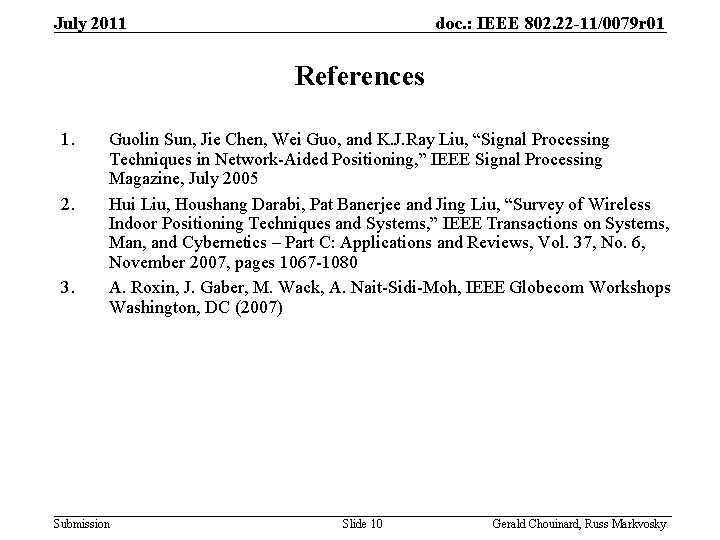 July 2011 doc. : IEEE 802. 22 -11/0079 r 01 References 1. 2. 3.