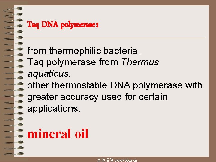 Taq DNA polymerase： from thermophilic bacteria. Taq polymerase from Thermus aquaticus. othermostable DNA polymerase
