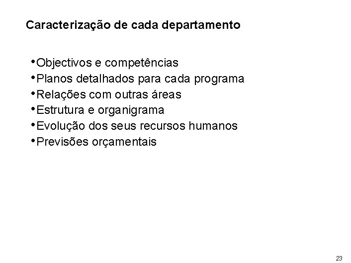 Caracterização de cada departamento • Objectivos e competências • Planos detalhados para cada programa