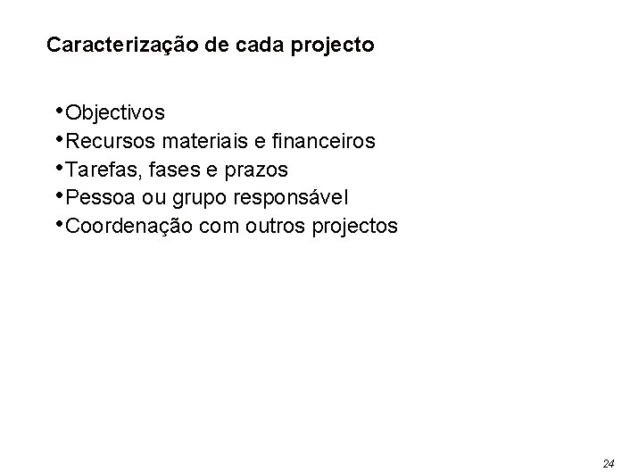 Caracterização de cada projecto • Objectivos • Recursos materiais e financeiros • Tarefas, fases