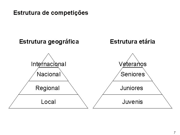 Estrutura de competições Estrutura geográfica Estrutura etária Internacional Veteranos Nacional Seniores Regional Juniores Local