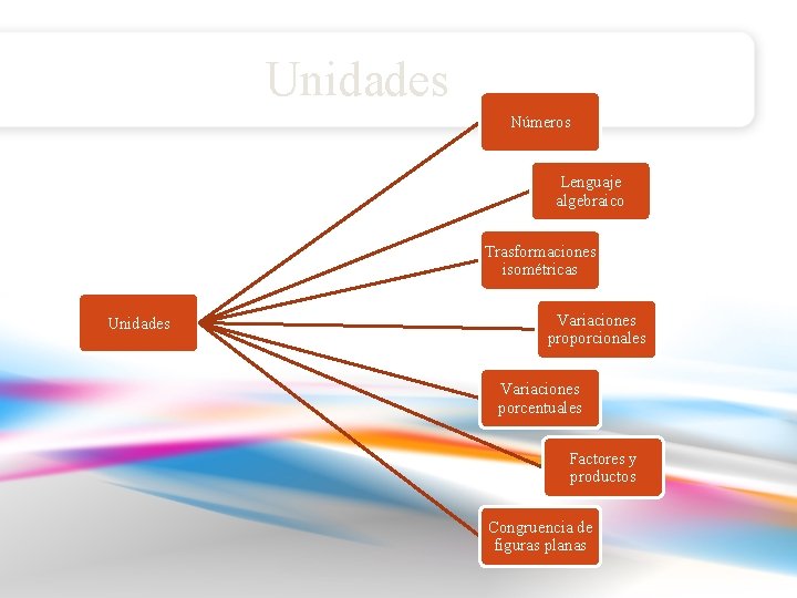 Unidades Números Lenguaje algebraico Trasformaciones isométricas Unidades Variaciones proporcionales Variaciones porcentuales Factores y productos