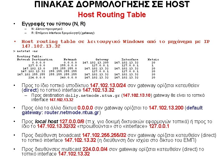 ΠΙΝΑΚΑΣ ΔΟΡΜΟΛΟΓΗΣΗΣ ΣΕ HOST Host Routing Table • Εγγραφές του τύπου (N, R) –