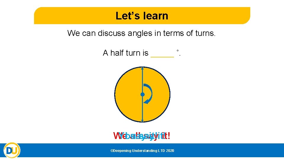 Let’s learn We can discuss angles in terms of turns. A half turn is Let’s learn We can discuss angles in terms of turns. A half turn is