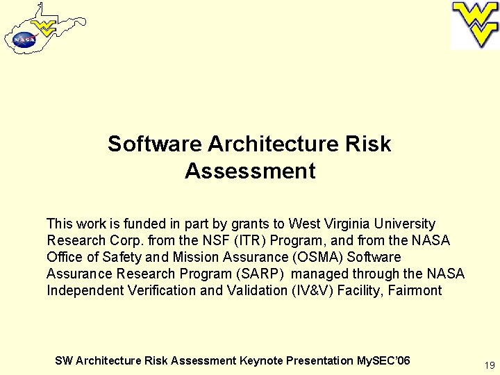 Software Architecture Risk Assessment This work is funded in part by grants to West