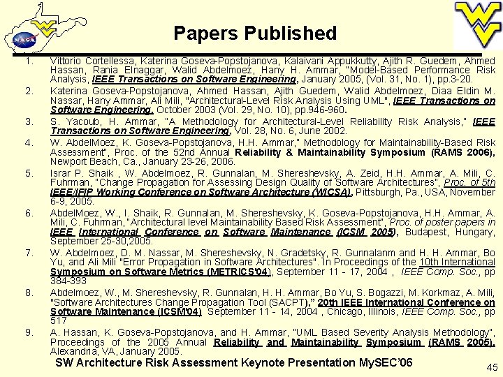 Papers Published 1. 2. 3. 4. 5. 6. 7. 8. 9. Vittorio Cortellessa, Katerina