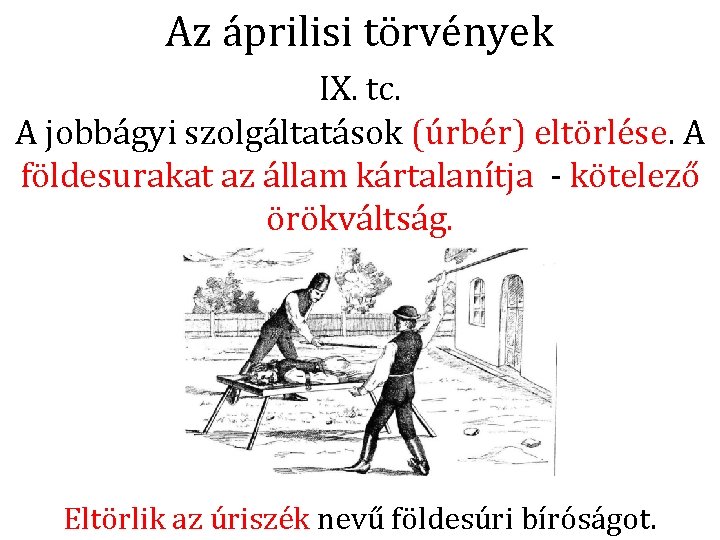 Az áprilisi törvények IX. tc. A jobbágyi szolgáltatások (úrbér) eltörlése. A földesurakat az állam