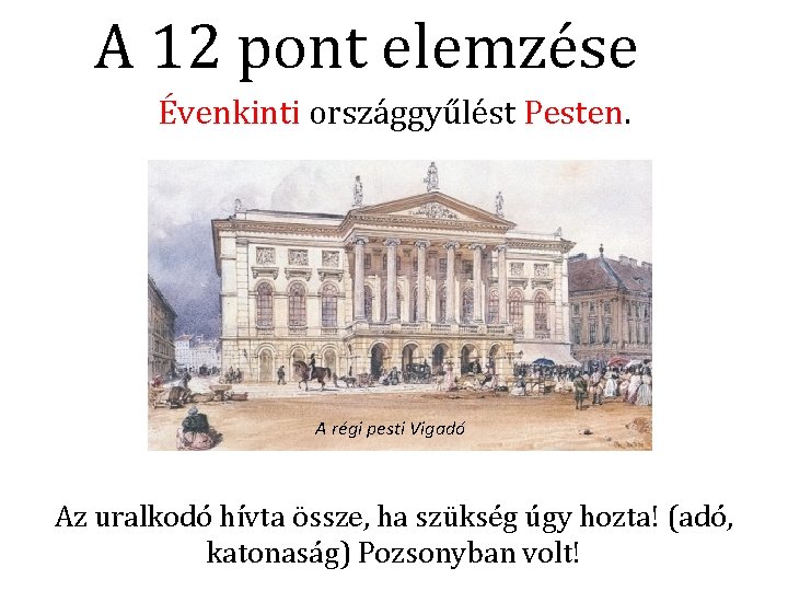 A 12 pont elemzése Évenkinti országgyűlést Pesten. A régi pesti Vigadó Az uralkodó hívta