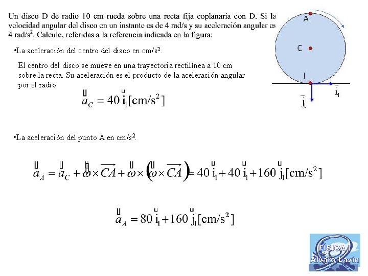  • La aceleración del centro del disco en cm/s 2. El centro del