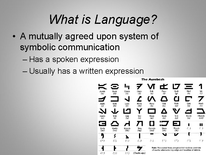 What is Language? • A mutually agreed upon system of symbolic communication – Has
