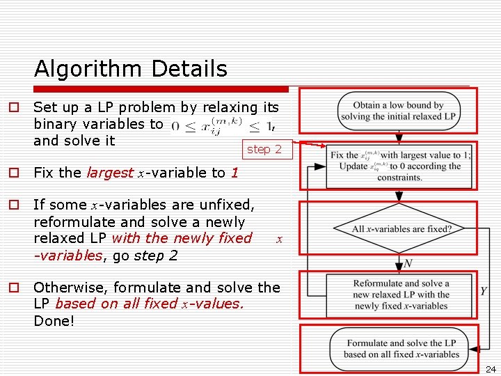Algorithm Details o Set up a LP problem by relaxing its binary variables to