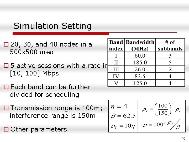 Simulation Setting o 20, 30, and 40 nodes in a 500 x 500 area